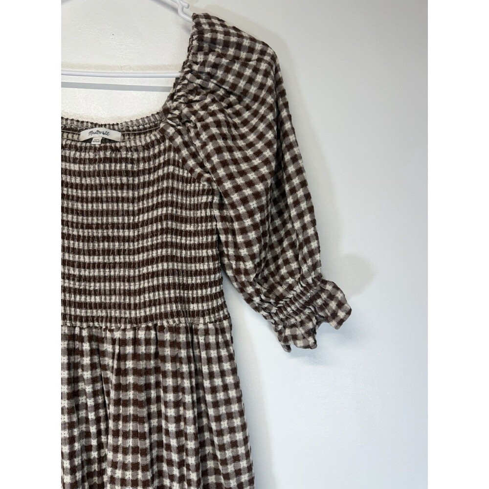 Madewell Lucie Smocked Gingham Midi Dress Brown White Puff Sleeve Cotton Sz XXS - Picture 7 of 16